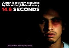 A man with a bruised face is partially visible in a dark background next to text stating that in Detroit, men are severely assaulted every 14.6 seconds due to domestic violence.